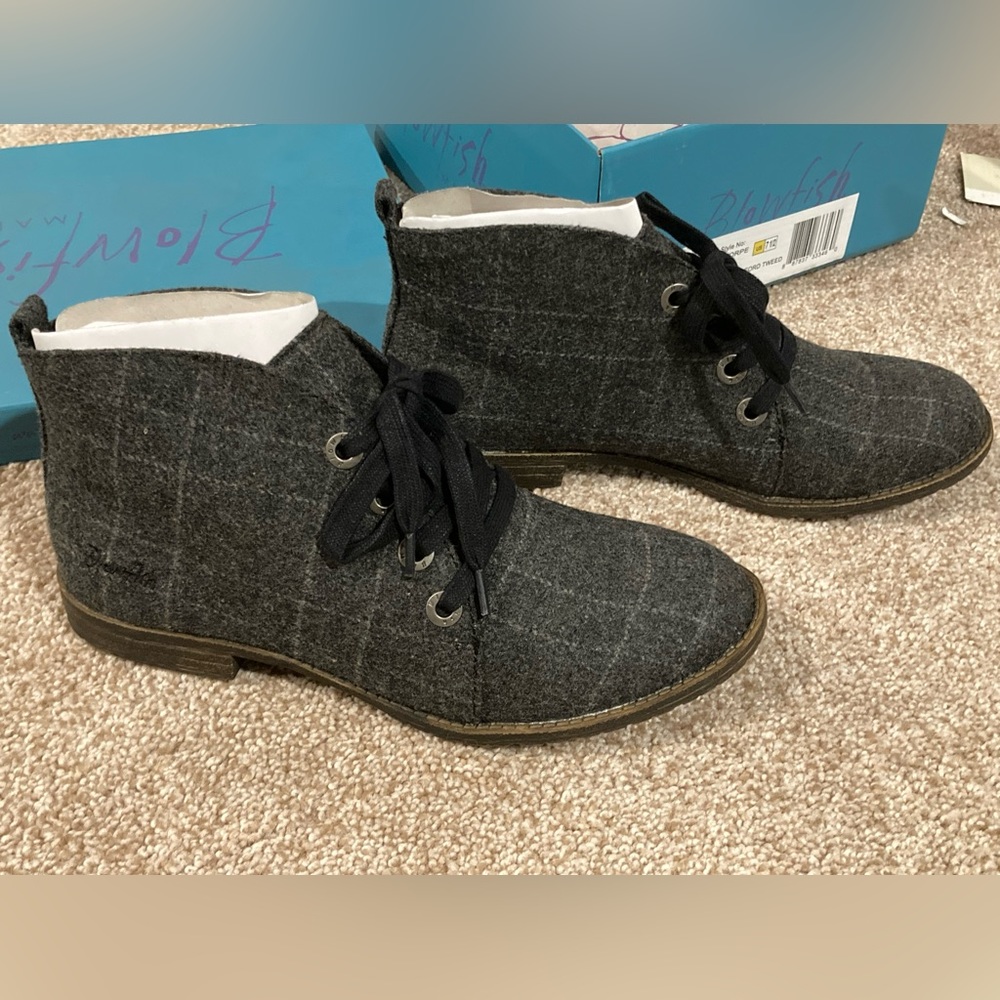 Blowfish Thorpe lace-up ankle boots grey black Oxford tweed US7.5 NEW